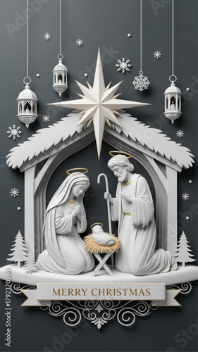 White Paper Art Nativity Scene for Christmas Holiday Greeting Card Design