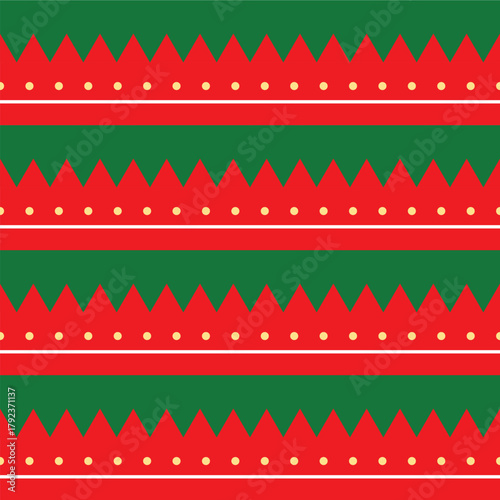 Seamless Christmas-themed pattern with red-green horizontal stripes, sharp zigzag shapes, and neat yellow dots, creating a bold and festive natal decorative design.
