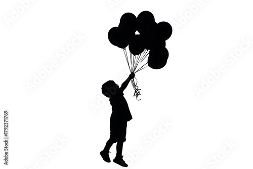 Child Silhouette Holding Cluster of Balloons