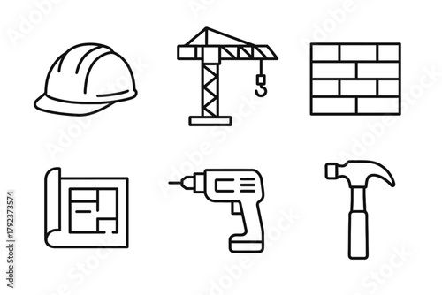 Construction tools and symbols: hard hat, crane, brick wall, blueprint, drill, hammer