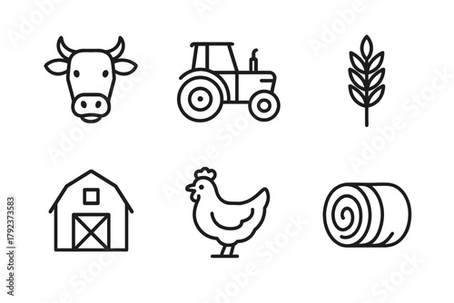 Simple farm icon set with cow, tractor, wheat, barn, chicken, and hay bale