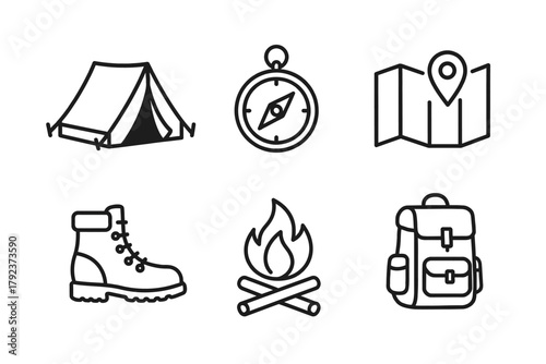 Camping and hiking essentials: tent, compass, map, boots, campfire, backpack icons