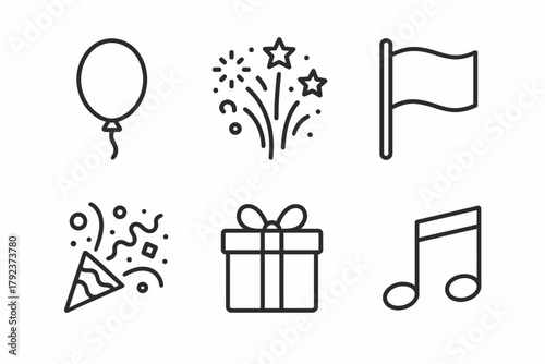 Celebration icons: balloon, fireworks, flag, party popper, gift, music note