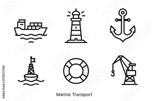 Marine transport icons: ship, lighthouse, anchor, buoy, lifebuoy, crane