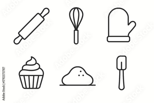 Baking utensils and ingredients: rolling pin, whisk, oven mitt, cupcake, dough, spatula icons