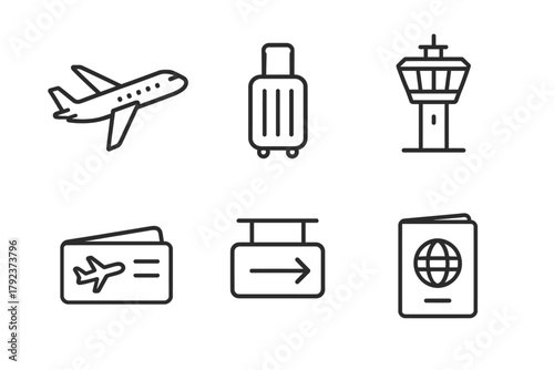 Airport travel icons: plane, luggage, control tower, ticket, departure, passport