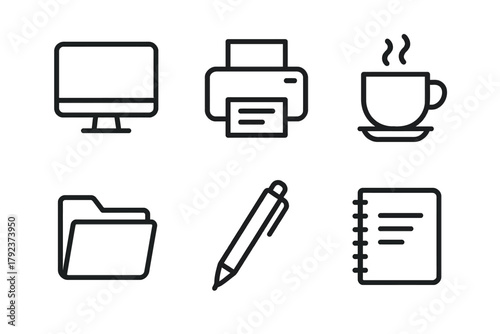 Office essentials: monitor, printer, coffee cup, folder, pen, notebook icons