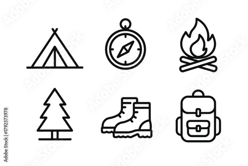 Camping icon set: tent, compass, campfire, tree, boots, backpack