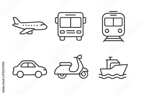 Simple icons of transportation modes: plane, bus, train, car, scooter, boat