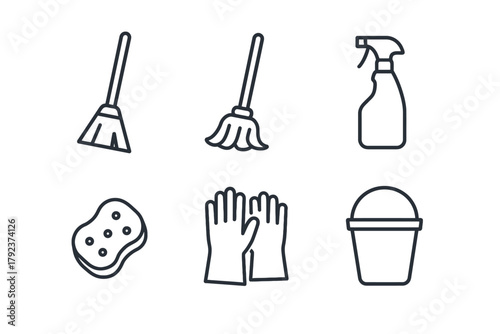 Minimalist cleaning tools lineup: broom, mop, spray bottle, sponge, gloves, bucket icons