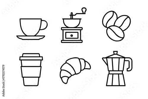 Coffee icons: cup, grinder, beans, to-go cup, croissant, moka pot