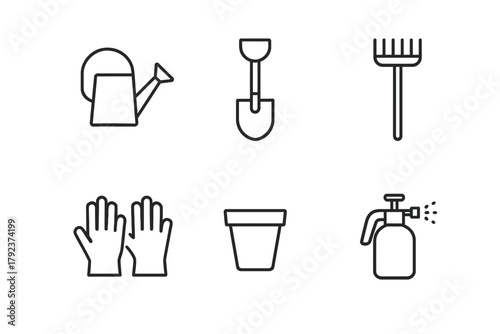 Icon set of gardening tools: watering can, shovel, rake, gloves, pot, sprayer