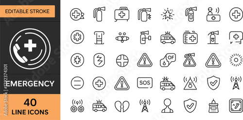 Emergency line icons set, editable stroke, first aid kit, fire extinguisher, ambulance, SOS, alert, hazard warning, safety, medical rescue collection