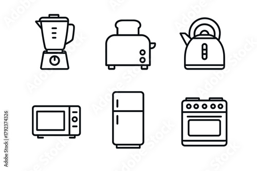 Set of kitchen appliance icons: blender, toaster, kettle, microwave, fridge, oven