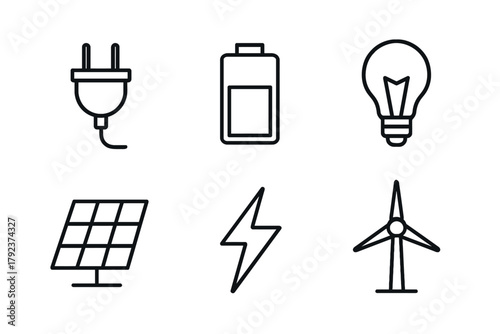 Sustainable energy icons: plug, battery, light bulb, solar panel, lightning, wind turbine