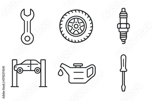 Automotive tools and parts: spanner, tire, spark plug, car lift, oil can, screwdriver icons