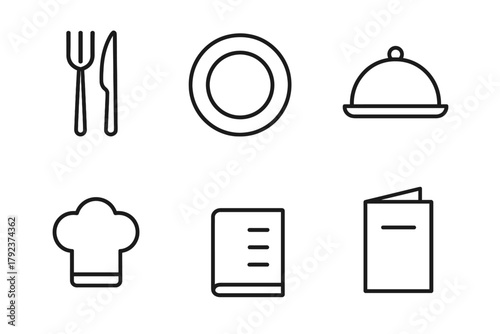 Minimalist line icons for cooking and dining: cutlery, plate, chef hat, recipe book, menu