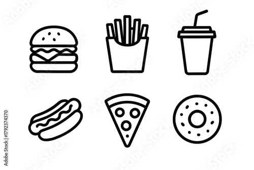 Minimalist fast food icons: burger, fries, drink, hot dog, pizza, donut line art