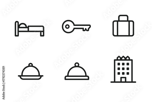 Hotel icon set: bed, key, suitcase, dish, building symbols