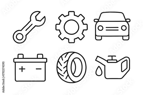 Automotive tools and parts icons: wrench, gear, car, battery, tire, oil can