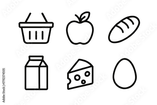 Grocery icons: basket, apple, bread, milk, cheese, egg - line art illustrations