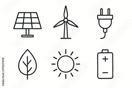Renewable energy symbols: solar panel, wind turbine, plug, leaf, sun, battery