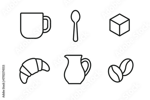 Minimalist icons: mug, spoon, sugar cube, croissant, jug, coffee beans