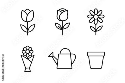 Minimalist flower and gardening icons featuring tulip, rose, daisy, watering can, bouquet, and pot