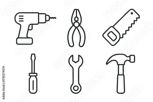 Outline icons of common hand tools: drill, pliers, saw, screwdriver, wrench, hammer