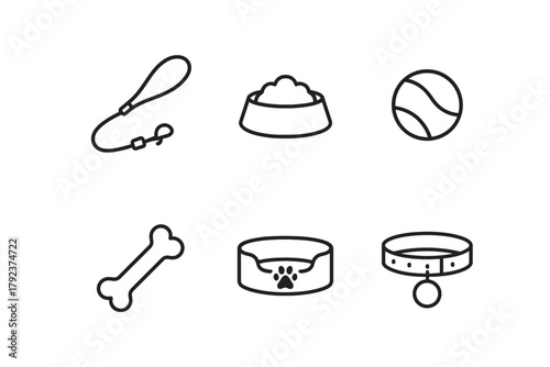 Pet accessories outline: leash bowl ball bone bed collar icons