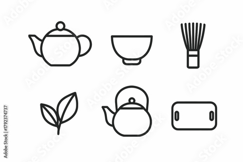 Minimalist tea set icons: teapot, bowl, whisk, leaf, board designs