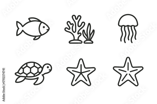 Outline icons of marine life: fish, coral, jellyfish, turtle, starfish