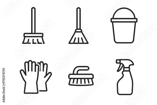 Set of cleaning tools icons: mop, broom, bucket, gloves, brush, spray bottle