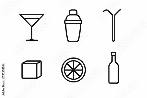 Minimalist cocktail icons: glass, shaker, straw, ice, citrus, bottle