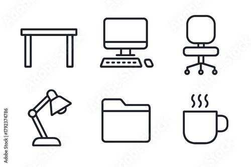 Office supplies icons: desk, computer, chair, lamp, folder, cup