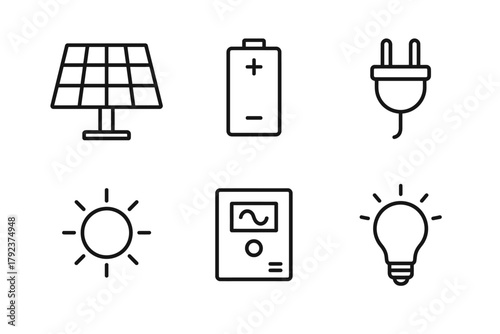 Set of energy icons including solar panel, battery, plug, sun, meter, and light bulb