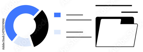 Segmented chart with blue, black, and gray parts next to an open folder and motion lines. Ideal for data visualization, document management, digital archives, file organization, teamwork, data
