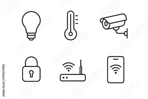 Smart home icon set: light bulb, thermometer, camera, lock, router, smartphone