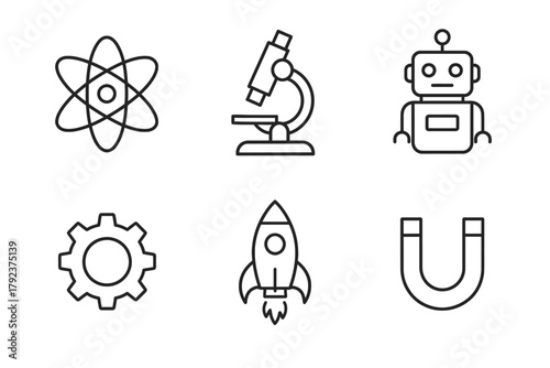 Science and technology icons: atom, microscope, robot, gear, rocket, magnet