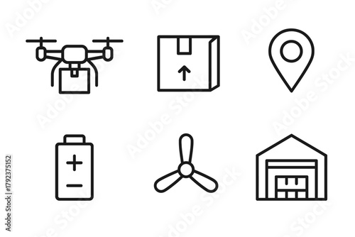 Drone delivery icons: package, location, battery, propeller, warehouse