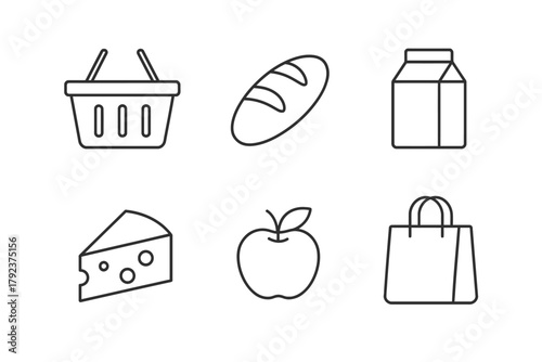 Simple line icons: grocery basket, bread, milk, cheese, apple, shopping bag