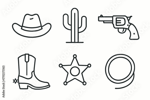 Western icons: cowboy hat, cactus, revolver, boot, sheriff badge, lasso line art set
