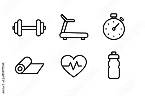 Minimalist fitness icons set: dumbbell, treadmill, stopwatch, yoga mat, heartbeat, water bottle