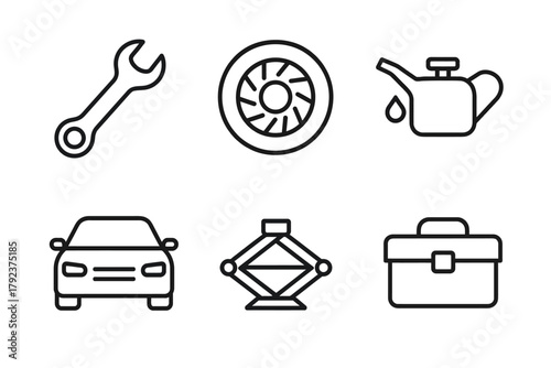 Automotive tools and accessories icon set with wrench, tire, oil, car, jack, toolbox