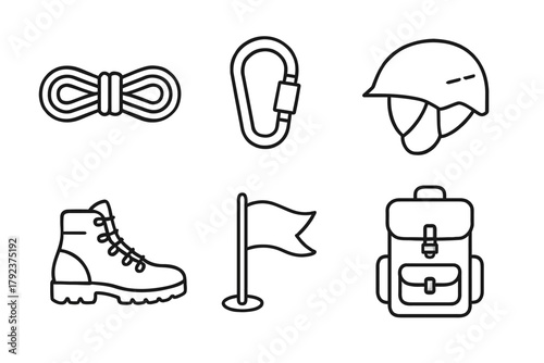 Essential rock climbing gear icons: rope, carabiner, helmet, boots, flag, backpack