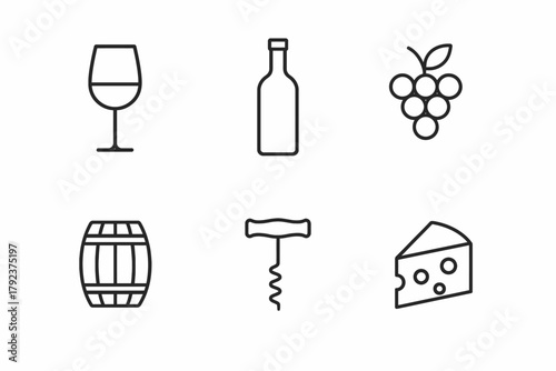 Wine tasting icons: glass, bottle, grapes, barrel, corkscrew, cheese