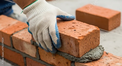 Close-up of hand placing brick in construction site