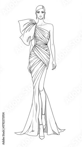 Black and white fashion sketch of a model wearing a high-slit, one-shoulder formal dress.