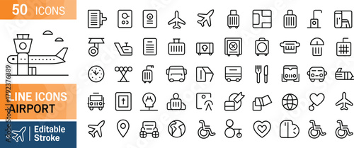 Airport line icons set, editable stroke, airplane, boarding pass, baggage, security, terminal, check-in, departures, arrivals, travel and aviation collection