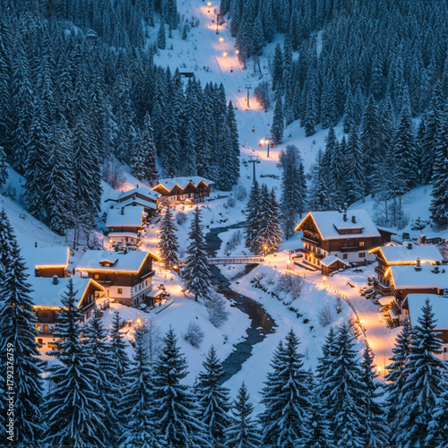 Illuminated winter village in a snowy alpine valley at twilight with ski slopes and pine forests.
